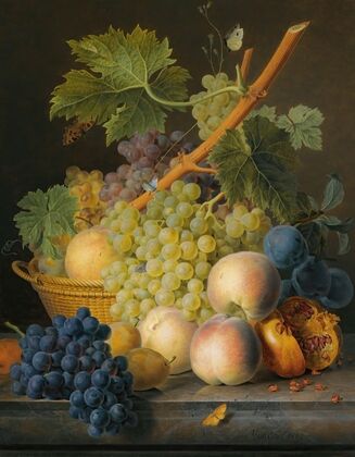 A Still Life With Grapes And Peaches In A Basket, An Open Pomegranate, Plums, Black Grapes And More Peaches, All On A Marble Ledge — size preview