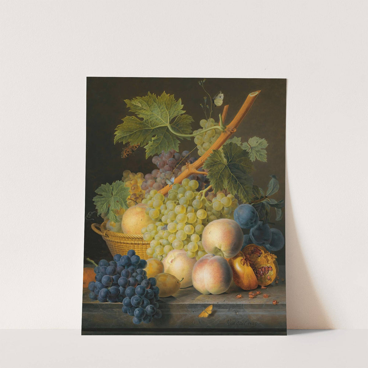 A Still Life With Grapes And Peaches In A Basket, An Open Pomegranate, Plums, Black Grapes And More Peaches, All On A Marble Ledge (1809) by Jan Frans van Dael