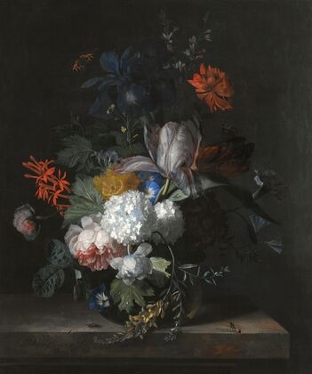 A Still Life With Hydrangea, Convolvulus, Polyanthus, Peonies, Auricula, Carnation, Tulips, Snowballs And Other Flowers In A Glass Vase