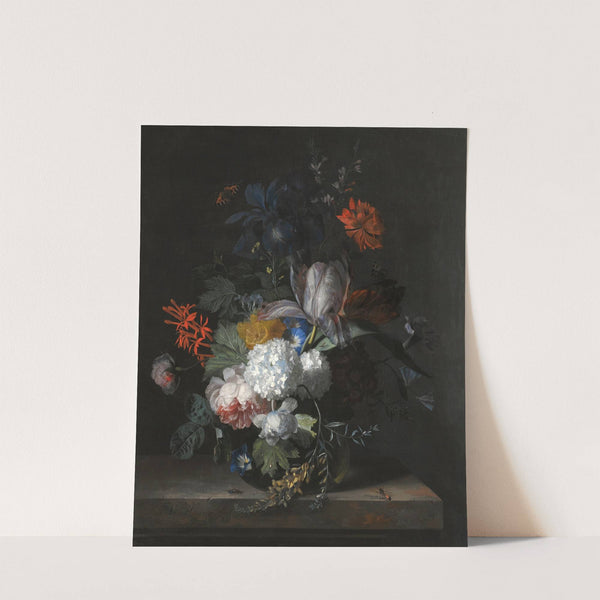 A Still Life With Hydrangea, Convolvulus, Polyanthus, Peonies, Auricula, Carnation, Tulips, Snowballs And Other Flowers In A Glass Vase by Jan van Huysum