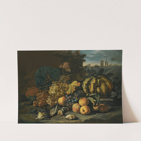A Still Life With Melons, Apples, Black And Green Grapes, A Pomegranate And Birds On A Forest Floor, A Landscape Beyond With A Town On The Horizon by Roman School
