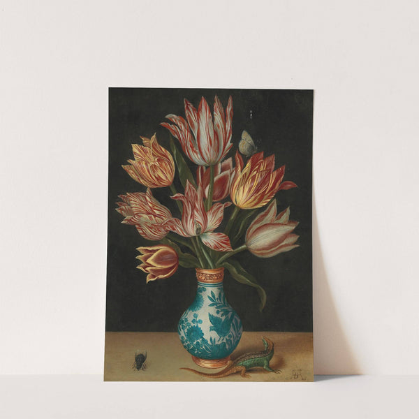 A still life with parrot tulips in a Wan-Li vase, a fly and a lizard by Circle of Ambrosius Bosschaert I