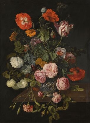 A Still Life With Parrot Tulips, Poppies, Roses, Snow Balls, And Other Flowers In A Glass Vase Over A Stone Ledge — size preview