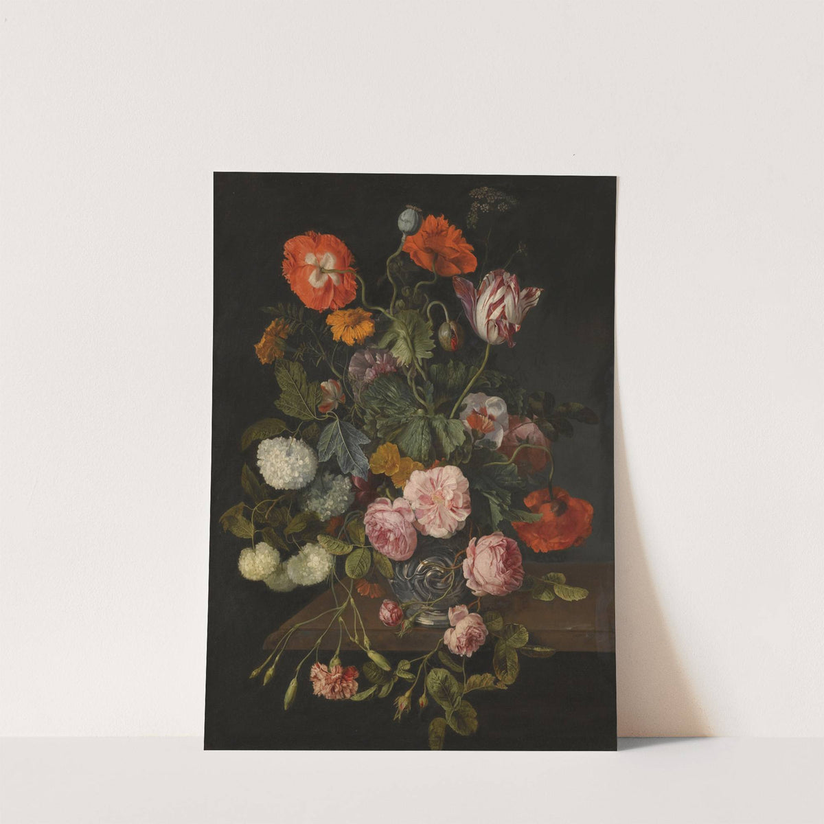 A Still Life With Parrot Tulips, Poppies, Roses, Snow Balls, And Other Flowers In A Glass Vase Over A Stone Ledge by Cornelis Kick