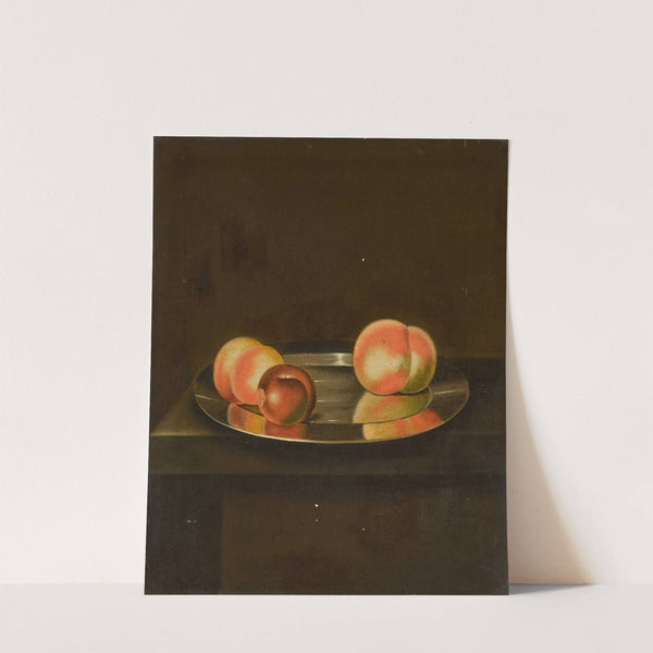 A still life with peaches and a plum on a pewter plate on a ledge by William Jones of Bath