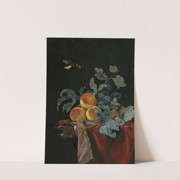 A Still Life With Peaches, Raspberries And Damsons On A Partially Covered Marble Ledge, A Bird Flying Above by Willem van Aelst