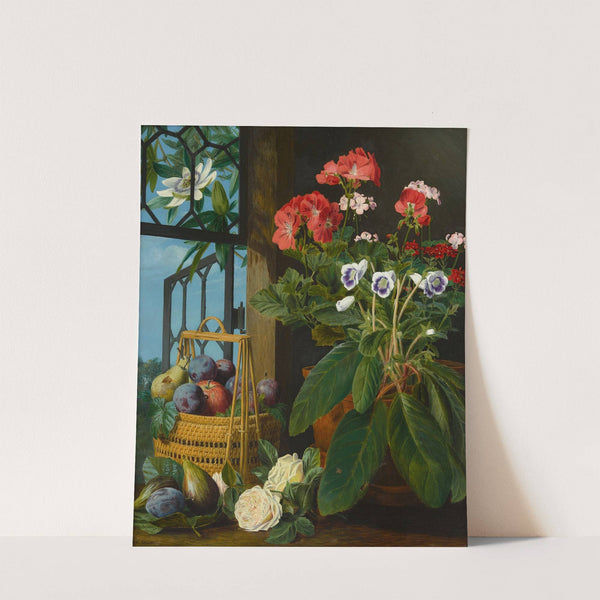 A still life with potted flowers and fruit by Marian Chase