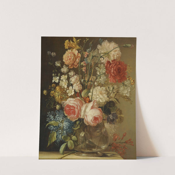 A Still Life With Roses, A Daffodil And Other Flowers In A Glass Vase On A Stone Ledge by Ludovico Stern