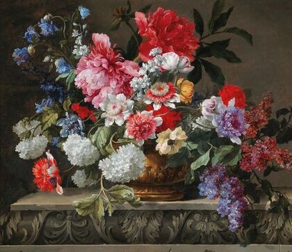 A still life with roses, tulips, anemones, sprigs of lilac, viburnums and shrubs