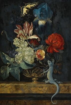 A Still Life With Tulips And Other Flowers In A Vase On A Marble Ledge, With A Lizard And A Butterfly