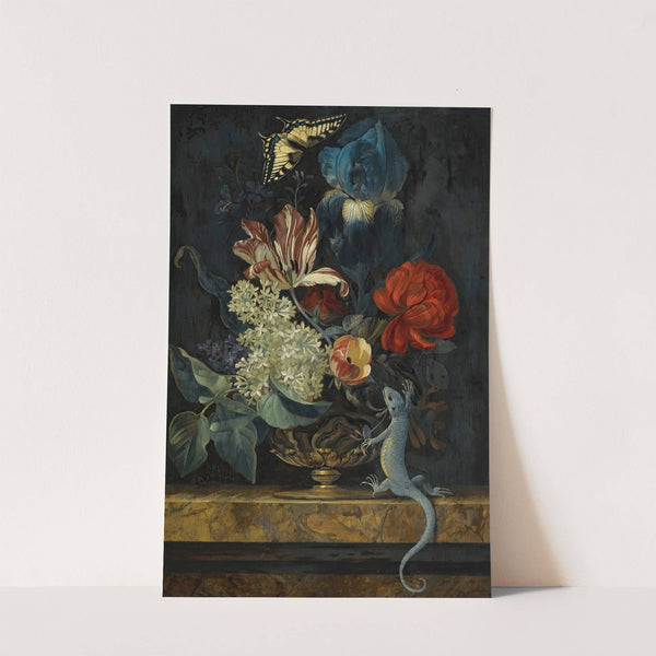 A Still Life With Tulips And Other Flowers In A Vase On A Marble Ledge, With A Lizard And A Butterfly by Willem van Aelst