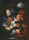 A Still Life With Tulips, Carnations And Other Flowers In A Blue And White Porcelain Vase