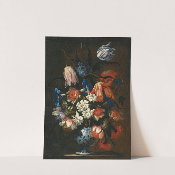 A Still Life With Tulips, Carnations And Other Flowers In A Blue And White Porcelain Vase by Francesco Caldei
