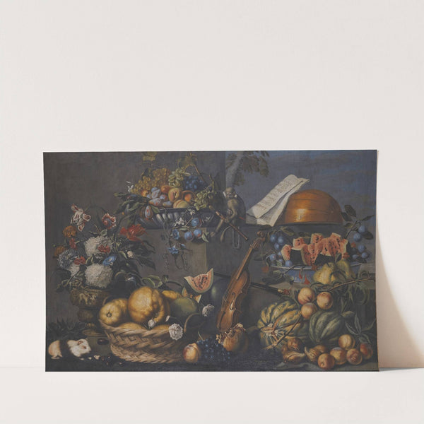 A Still Life With Various Fruits In A Basket And On A Ledge, Flowers In A Vase, Musical Instruments And A Monkey With A Flute (17th Century) by French School