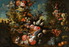A stone urn on steps decorated with flowers and fruit beside a dolphin-headed fountain in an extensive landscape