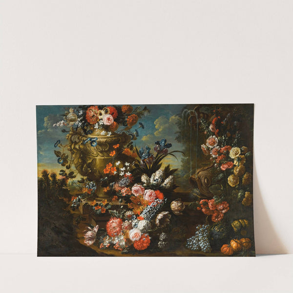 A stone urn on steps decorated with flowers and fruit beside a dolphin-headed fountain in an extensive landscape by Jan Baptist Bosschaert