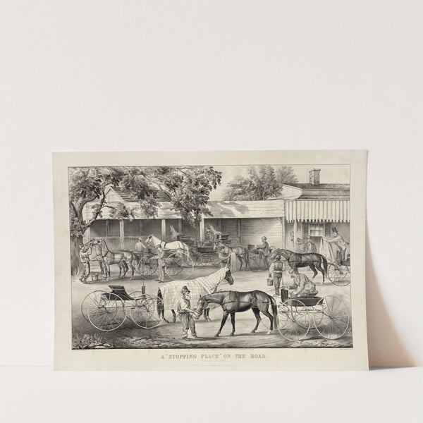 A ‘stopping place’ on the road; the horse shed (1868) by Currier & Ives.
