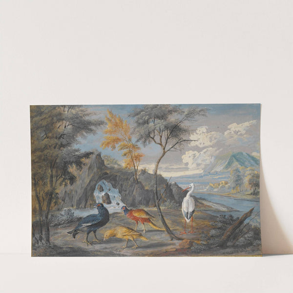 A stork, a pheasant, a blackcock and another bird in a landscape by Willem van Royen II