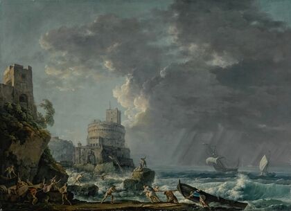 A storm off a rocky coast, with a shipwreck in the foreground and a fort on the rocky shoreline above