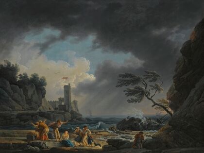 A Stormy Coastal Scene With Figures On A Beach Having Escaped A Shipwreck Engraved By Klauber