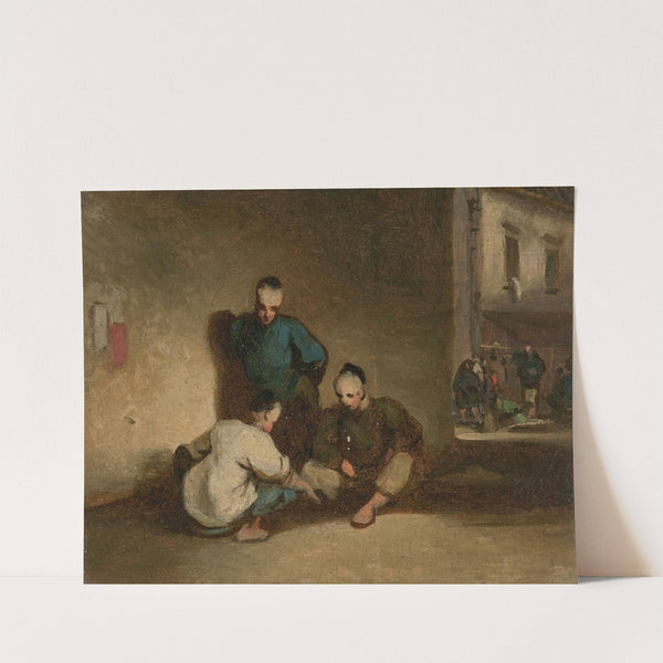 A street scene in Macau with three men gambling by George Chinnery