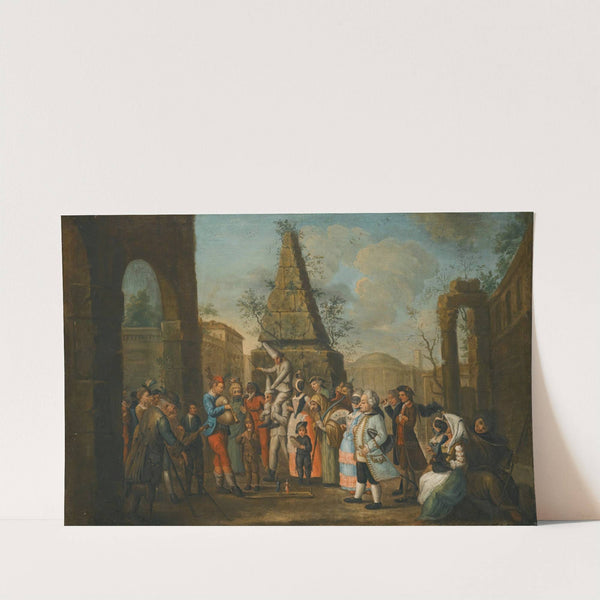 A Street Scene With Commedia Dell'arte Performers And Musicians Gathered Around Two Puppets, An Obelisk Beyond by Circle of Marco Marcola