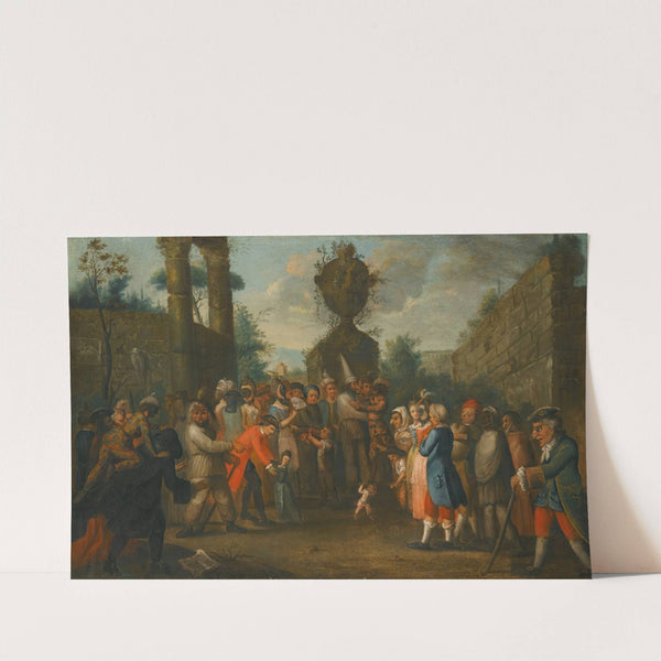 A Street Scene With Commedia Dell'arte Performers Gathered Around A Monkey, An Urn Beyond by Circle of Marco Marcola
