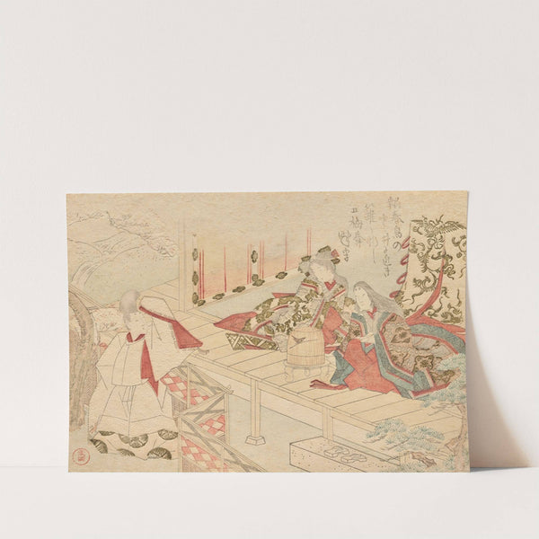 A strolling courtier waves to a lady-in-waiting sitting on a veranda with her young attendant by Kubo Shunman