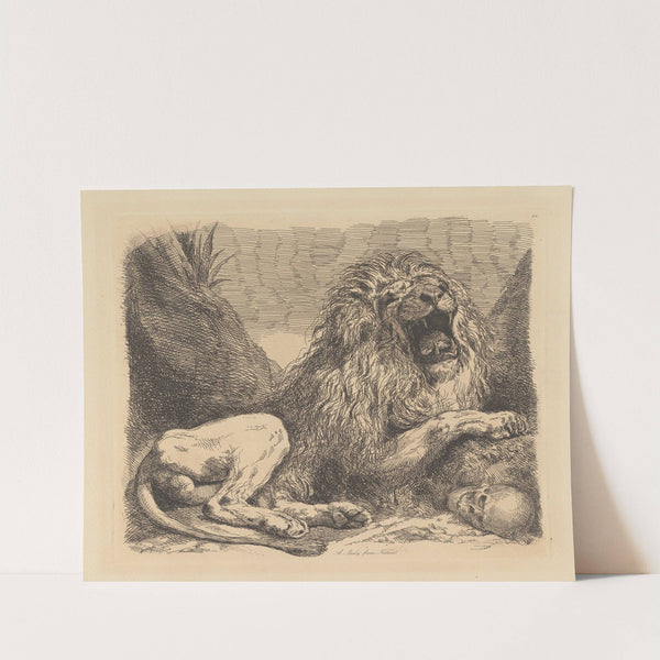 A Study from Nature; a lion among rocks, roaring, a human skull lower right by Sir George Hayter