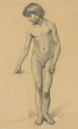 A study of a boy’s nude resting on a pedestal