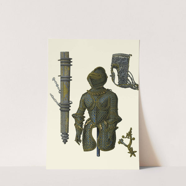 A suit of childs armour, a nose-piece for a set of horse armour, a sheath for a dagger, a gilt spur by Henry Noel Humphreys