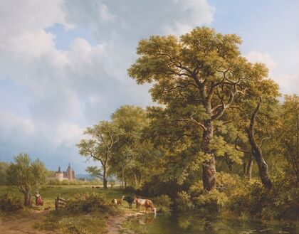 A Summer Landscape With cows Watering, A Castle In The Distance