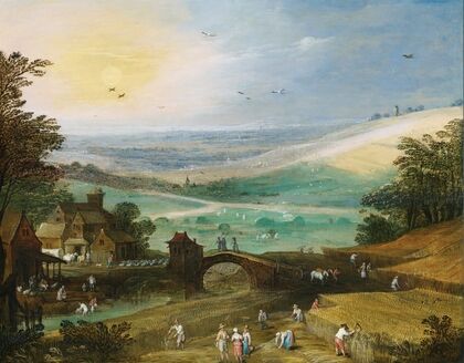 A Summer Landscape With Figures Bringing In The Harvest