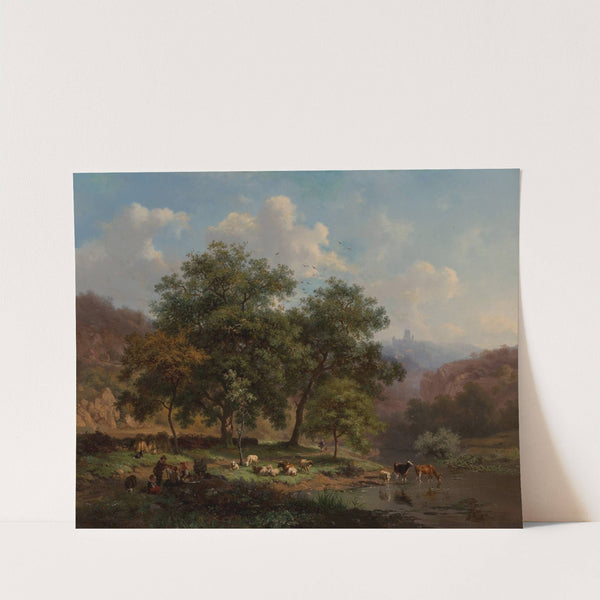 A summer landscape with figures resting with their flock beside a river where cattle are watering by Frederik Marinus Kruseman