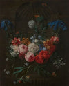 A swag of roses, peonies, anemones, snowballs, carnations and other flowers suspended from ribbons before a stone niche