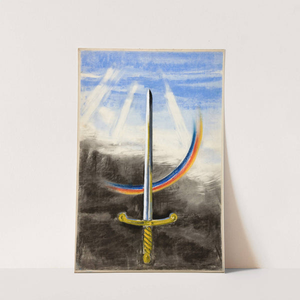 A sword pointing vertically upwards, on a section of rainbow by Anonymous