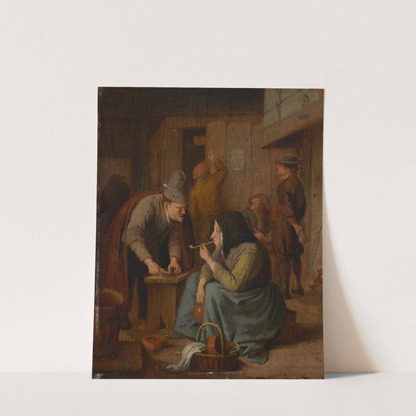 A tavern interior with a woman smoking a pipe and a man cutting tobacco by Jan Steen