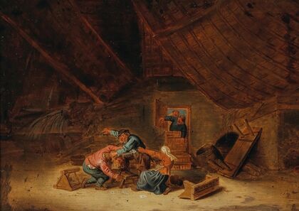 A tavern interior with brawling peasants