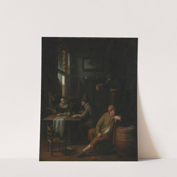 A tavern interior with figures drinking at a table and a man smoking a pipe by Pieter Harmensz. Verelst
