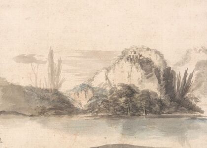 A Temple Perched on a Rocky Outcrop Seen Across a Lake — size preview