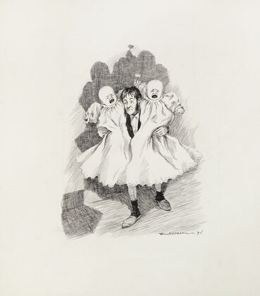 A tired man holds two crying babies. (1896) — size preview