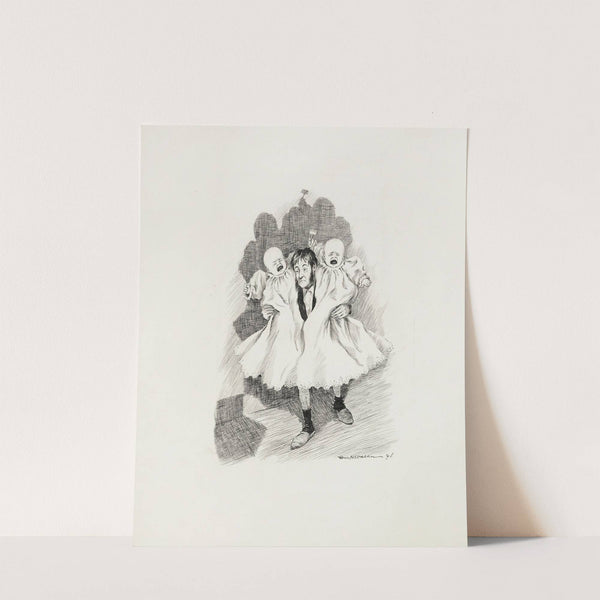 A tired man holds two crying babies. (1896) by William Henry Walker