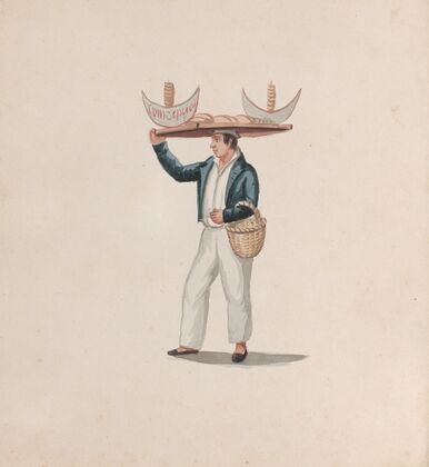 A tortilla vendor balancing a tray on his head