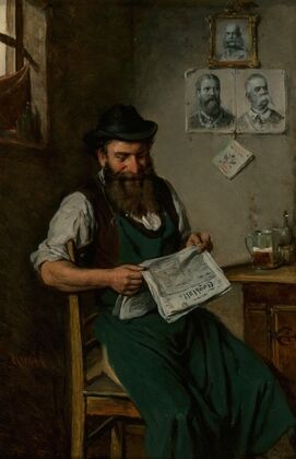 A tradesman reading a newspaper