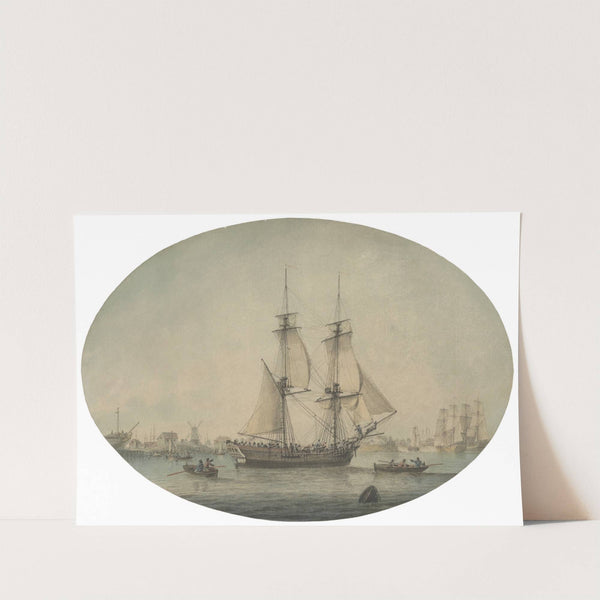 A Trading Brig Preparing to Set Sail on the Thames, Warships Running Down the Estuary Beyond by Samuel Atkins