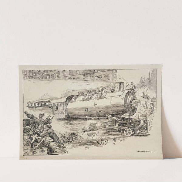 A train, decorated with dollar signs, speeds through a town (1902) by William Henry Walker