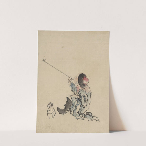 A traveler, seated, wearing a robe, boots, and rounded-top conical hat, smoking a long pipe by Katsushika Hokusai