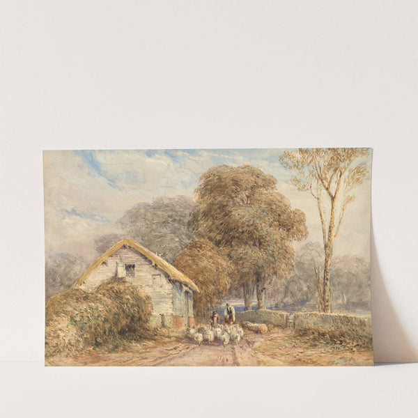 A traveller on horseback, with a shepherd and his sheep, by a barn, on a country road by David Cox