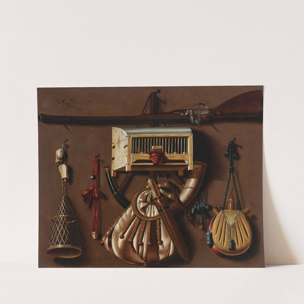 A tromp l’oeil with hunting and bird catching gear by Anthonie Leemans