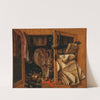 A trompe-l’oeil still life of a cupboard with books, gilded vessels, a hunting horn and drawings by Franciscus Gijsbrechts